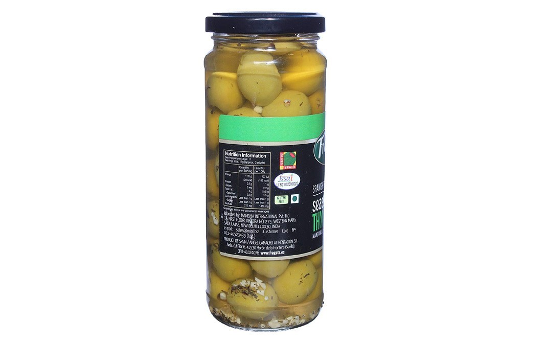 Fragata Spanish Pitted Green Olives, Seasoned with Thyme   Glass Jar  330 grams